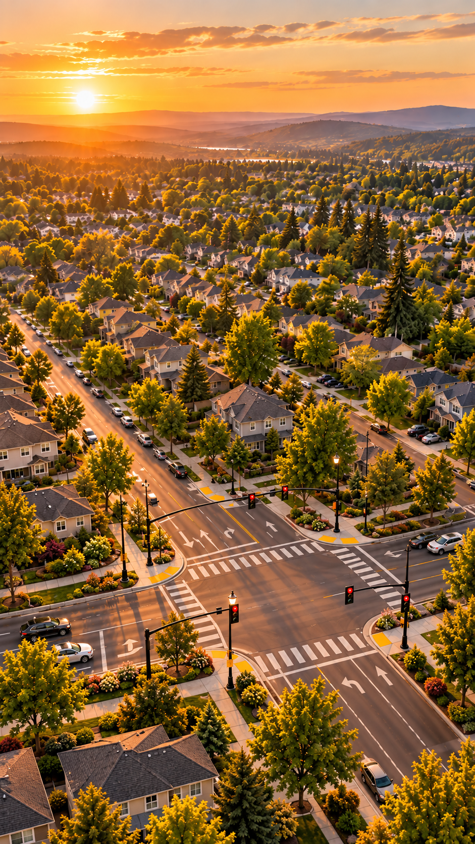 Aerial view of a residential neighborhood at sunset, with an intersection, crosswalks, traffic signals and tree-lined streets